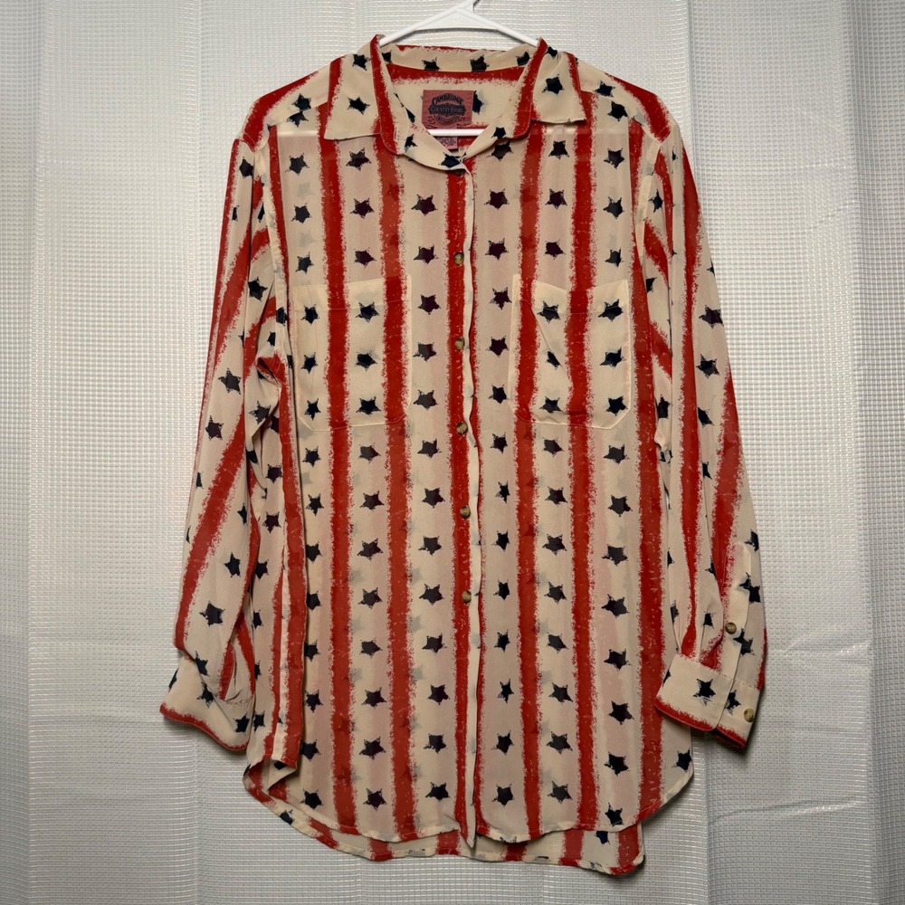 Cambridge Country Store Patriotic Stars Stripes Sheer‎ Button Up Blouse Size M